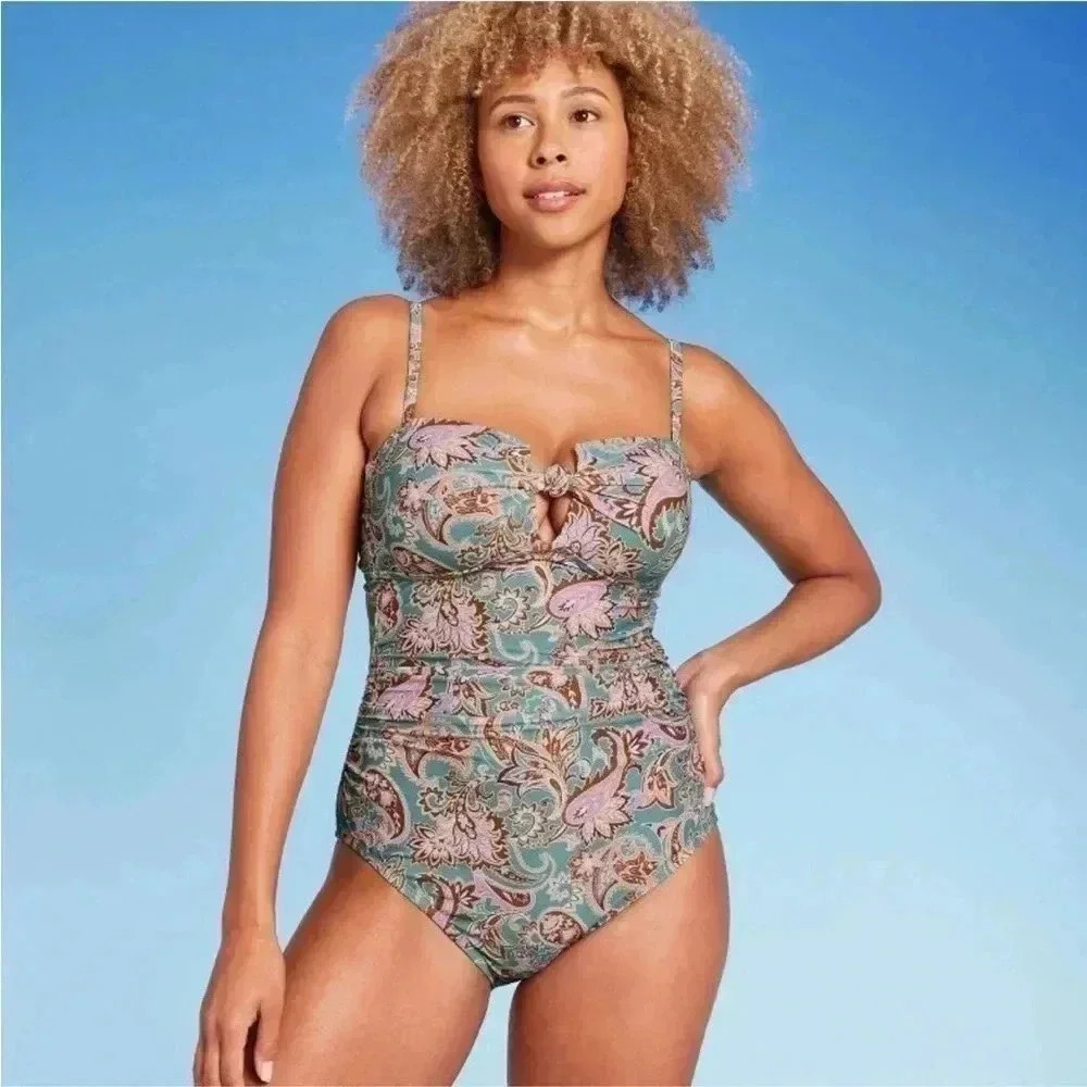 NWT Women'sShirred Bandeau One Piece
Swimsuit -‎ Shade & Shore Multi Paisley